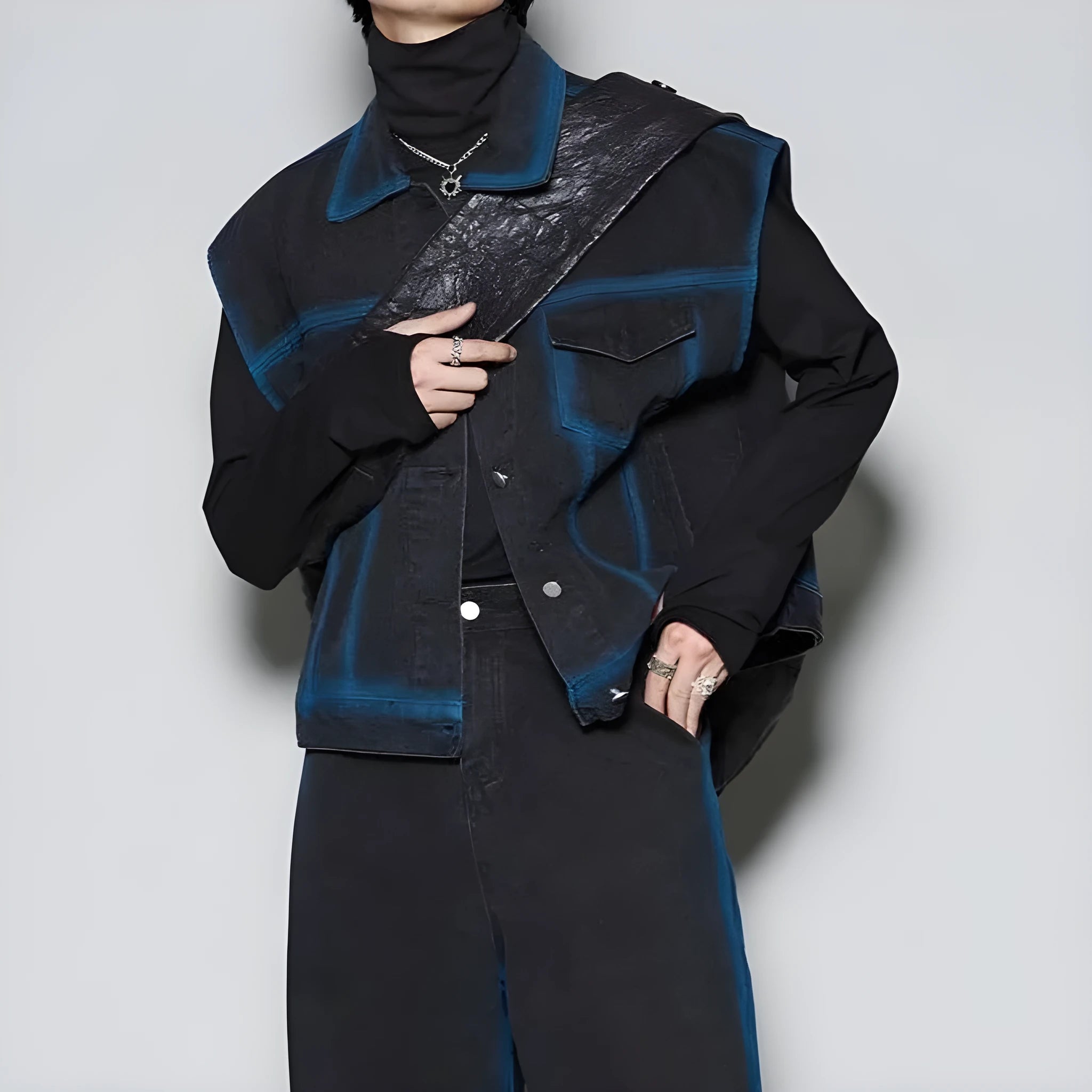 Distressed blue vest and jeans two-piece suit set with spray colour gradient effect