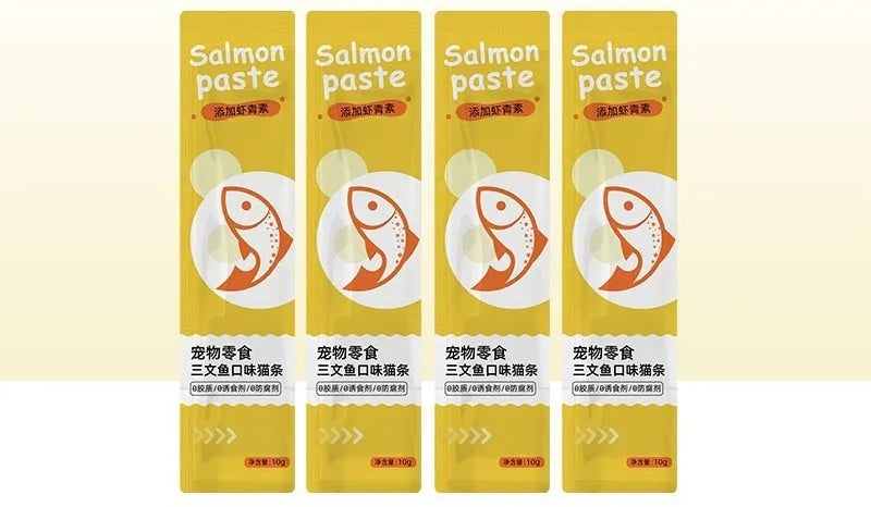 Pack of 10 cat strip snacks in four different flavours for adult cats.