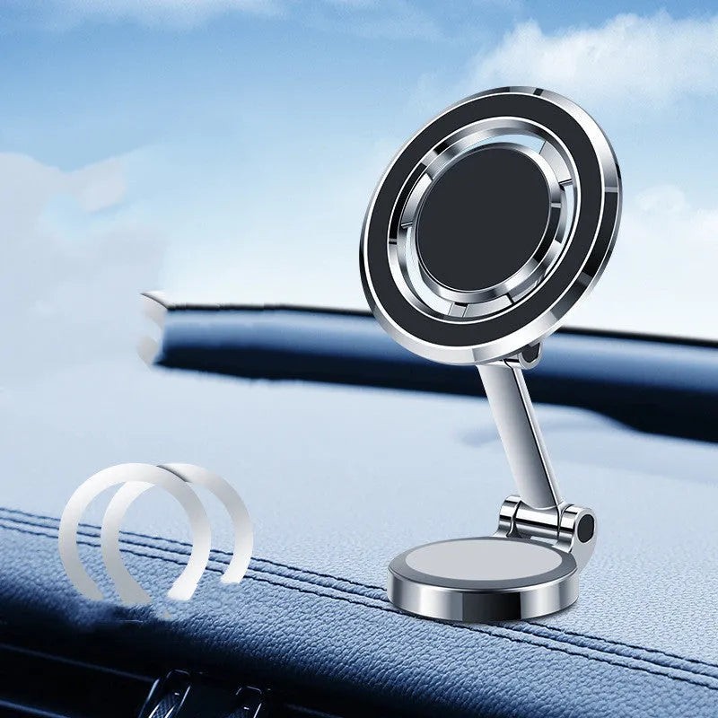 Car phone holder with adhesive magnetic mount and 360-degree rotating bracket in black or silver