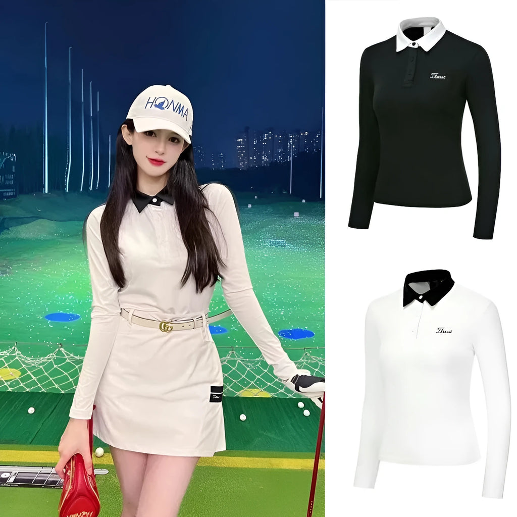 Women's slim-fit long sleeve polyester golf top in black on a hanger.