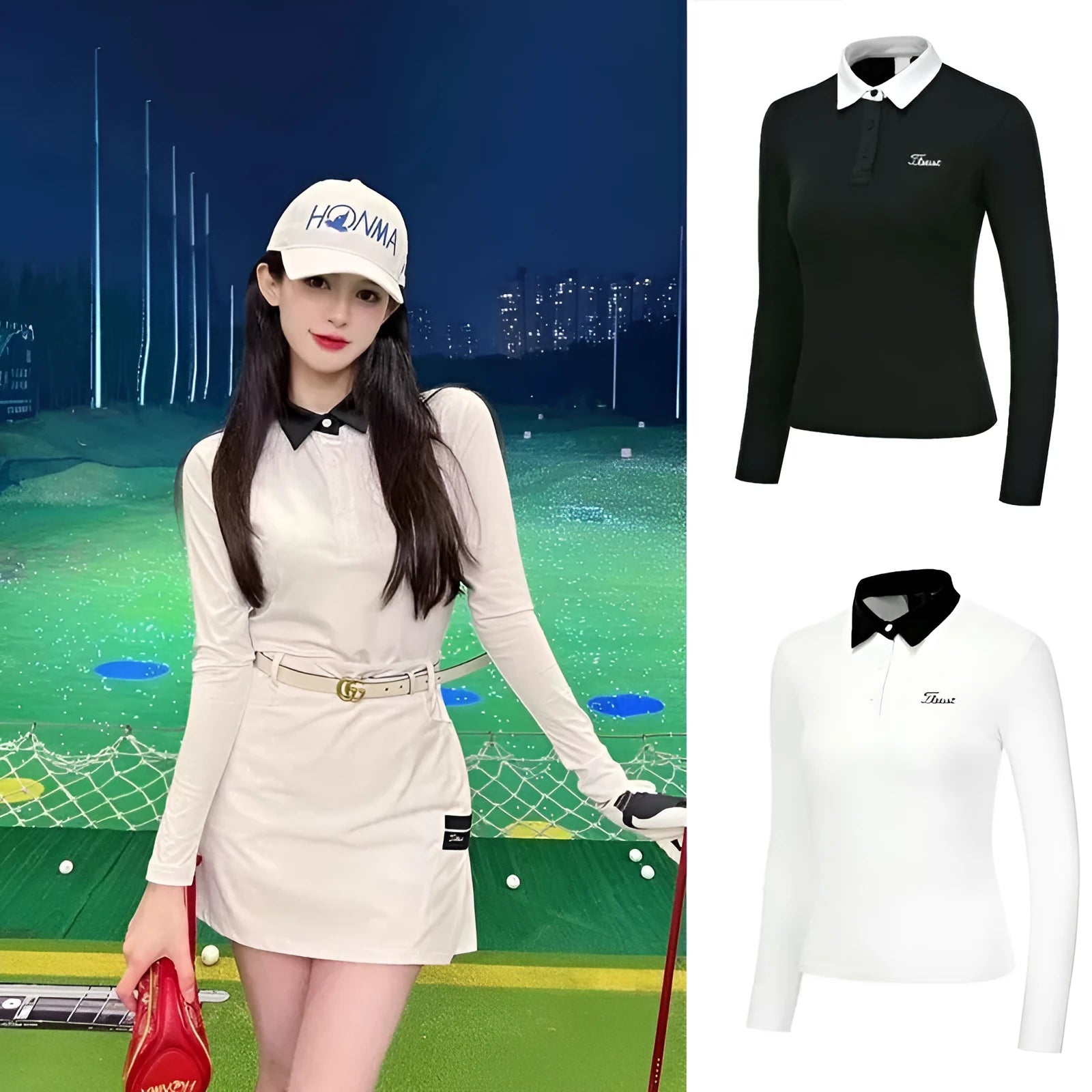 Women's slim-fit long sleeve polyester golf top in black on a hanger.