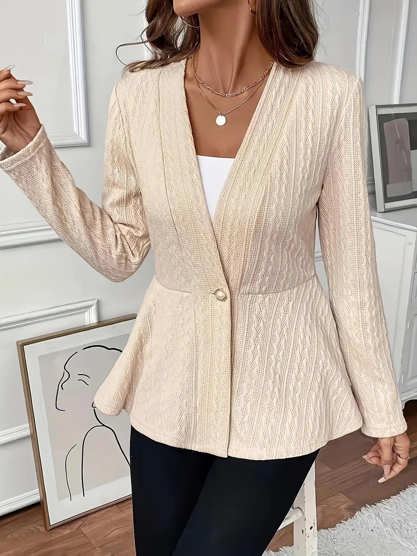 Women's apricot jacquard knit cardigan with one button front closure