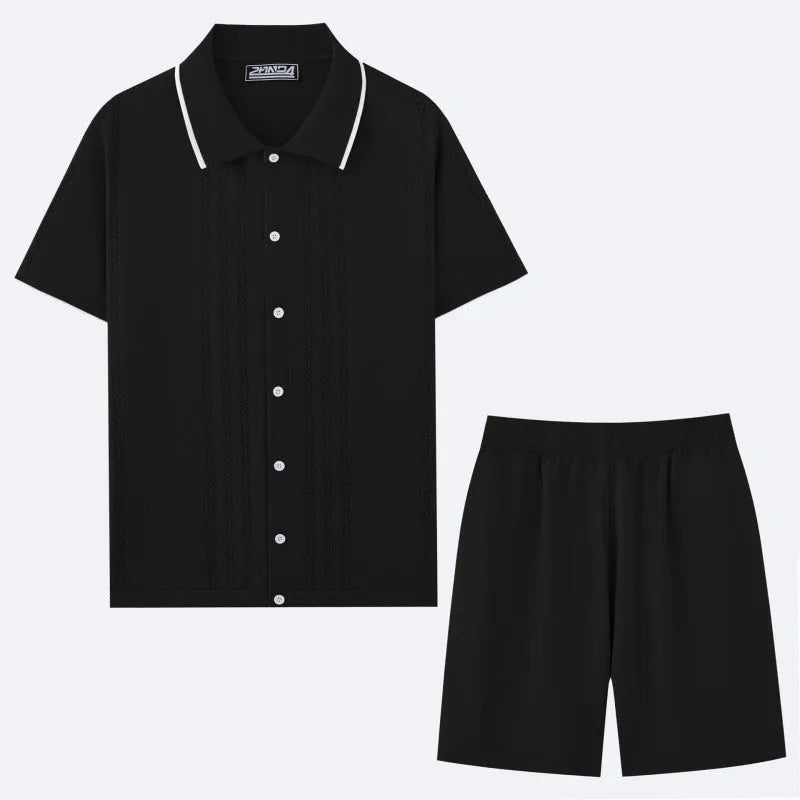 Business casual short sleeve sweater and shorts two-piece set in Tencel fabric, shown in multiple colour options.