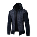 Men's grey corduroy hooded winter coat with cinched style on hanger