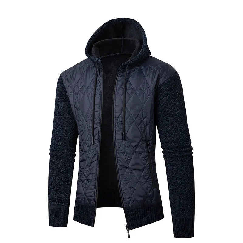 Men's grey corduroy hooded winter coat with cinched style on hanger
