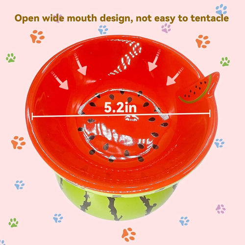 Ceramic raised cat bowl with tilted surface and anti-slip base in orange, pitaya, or watermelon pattern