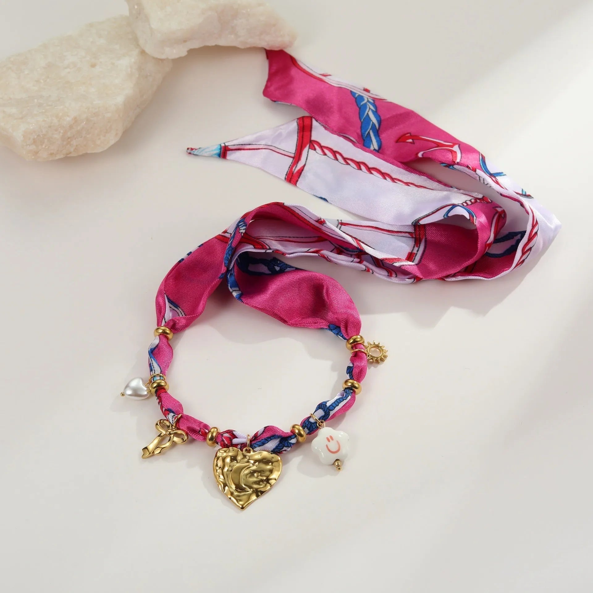 Colourful silk scarf series stainless steel necklace and bracelet set with gold electroplated love pendant geometric design