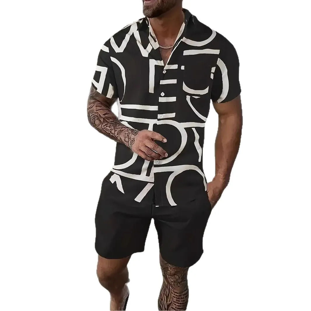 Men's Hawaii 3D printed short sleeve top and shorts leisure suit set on a hanger.