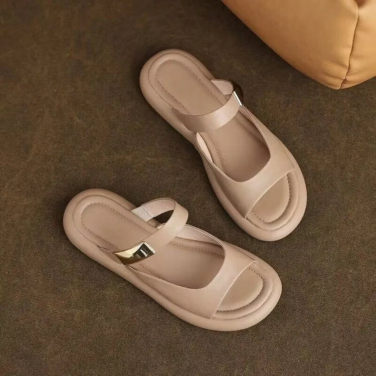 Women's apricot leather peep toe flat platform sandals on white background