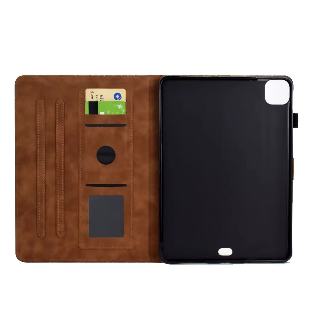 Leather iPad case with card holder slot showing diamond embossed pattern in black colour