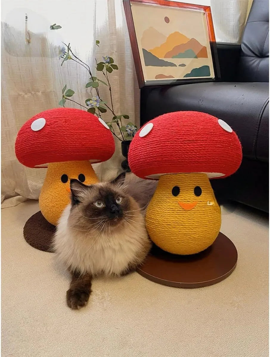 Round mushroom-shaped cardboard cat scratcher with foldable accordion design for furniture protection