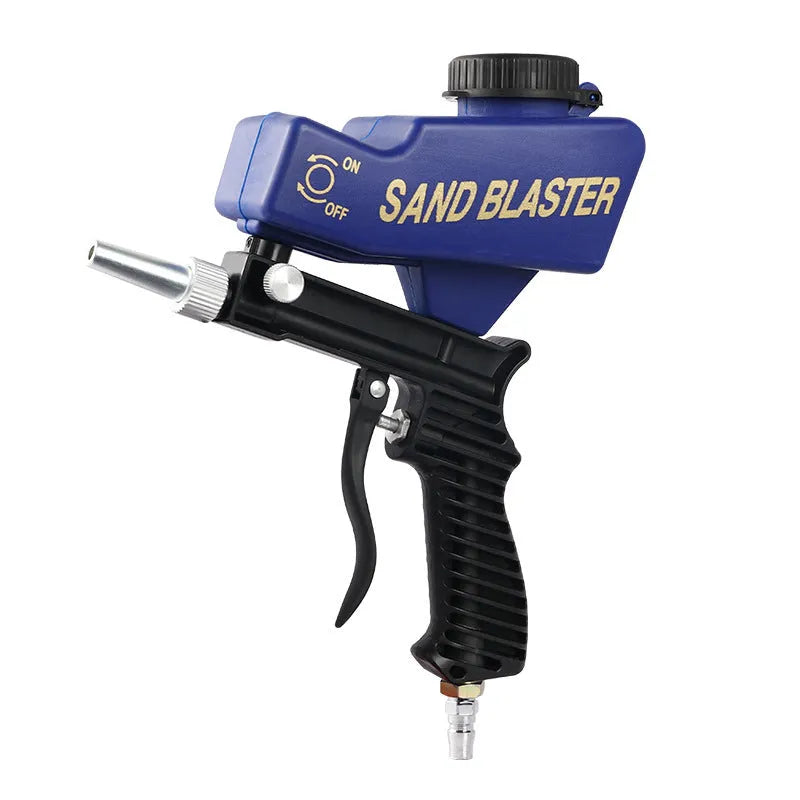 Portable black gravity-feed pneumatic sandblasting gun with a sand tank and trigger.