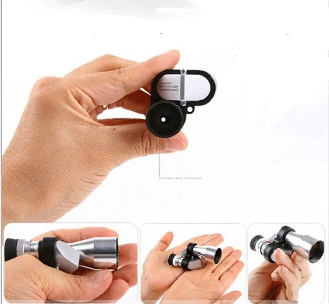 Aluminium alloy pocket monocular telescope with 8x20mm lenses, folded rubber eye cup, and canvas carry bag.