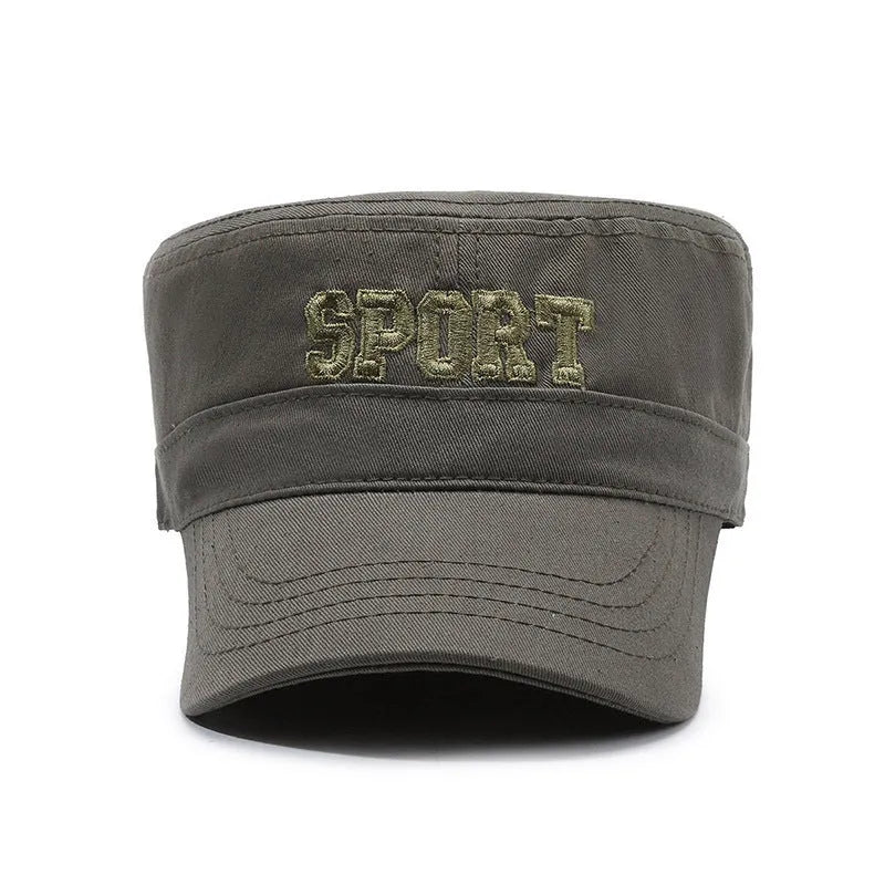 Men's flat-top cotton peaked cap in army green colour with adjustable strap.