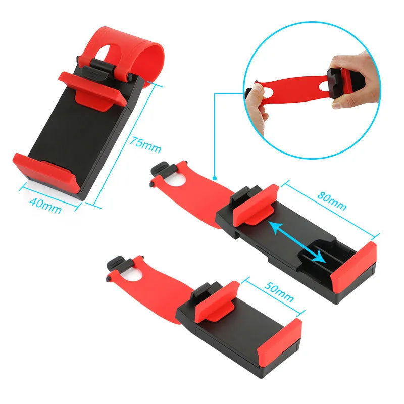 Black steering wheel clip mount holding smartphone on car steering wheel