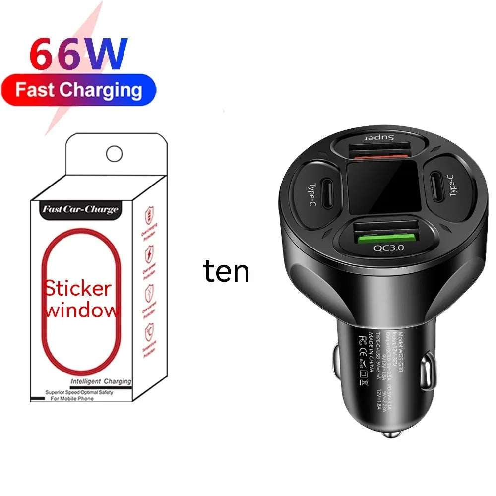 Black car charger with digital display showing charging voltage and current readings