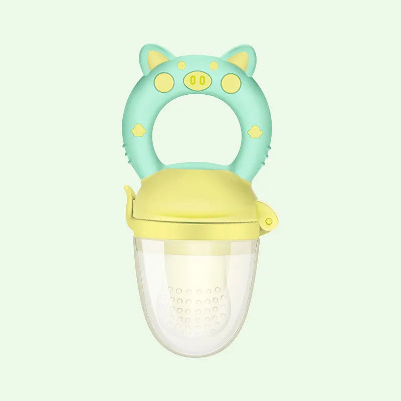 Soft silicone baby teether in blue, green, or pink colour options.