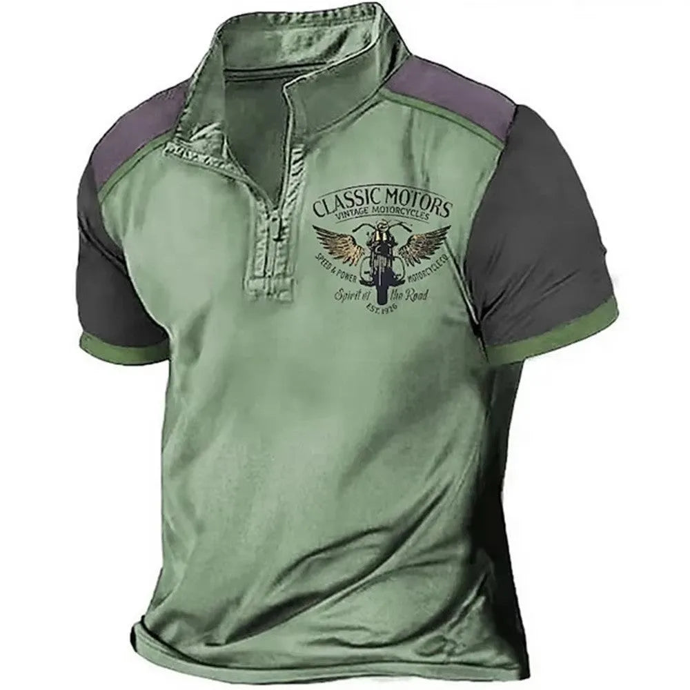 Golf polo shirt with 3D printed pattern on blue bird eye cloth fabric, shown in a loose fit.