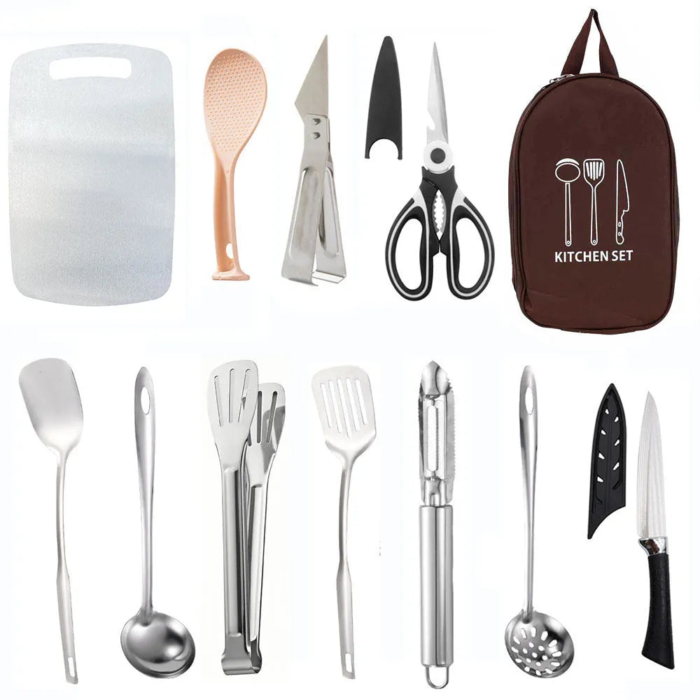 12-piece stainless steel portable picnic kitchenware set in a khaki storage bag.