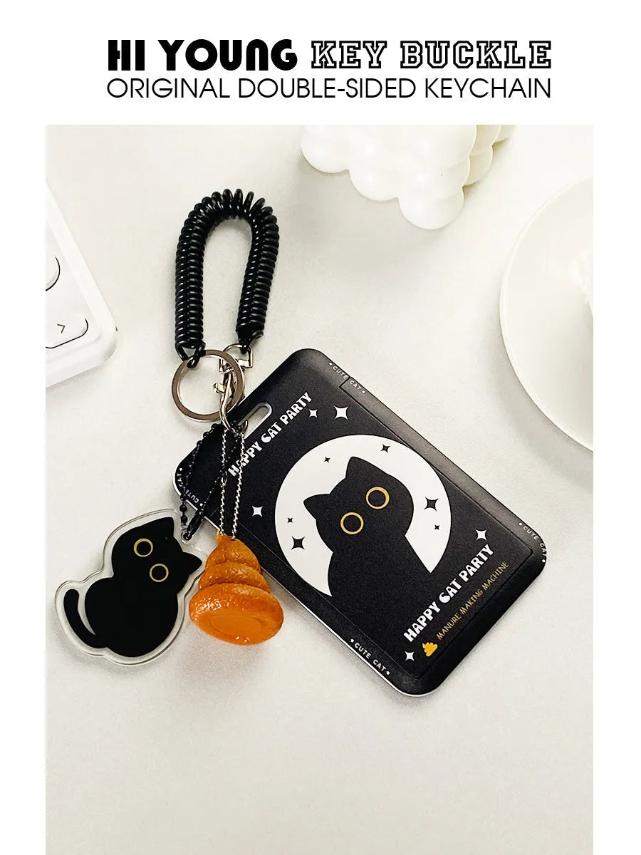 Cartoon black cat design plastic card sleeve holder with ferrule pendant for bus and student cards