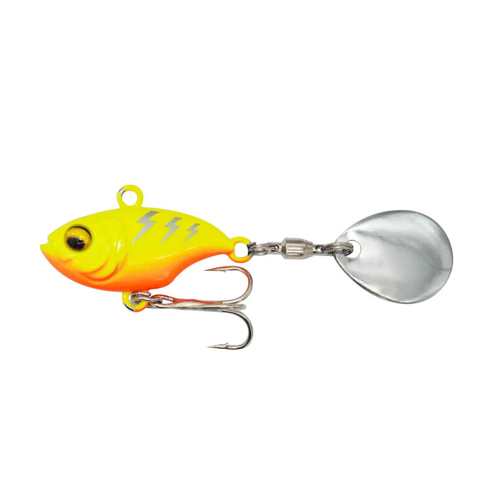 Metal sea fishing lure with rotating sequins shown in multiple colour options including zebra orange and gold.