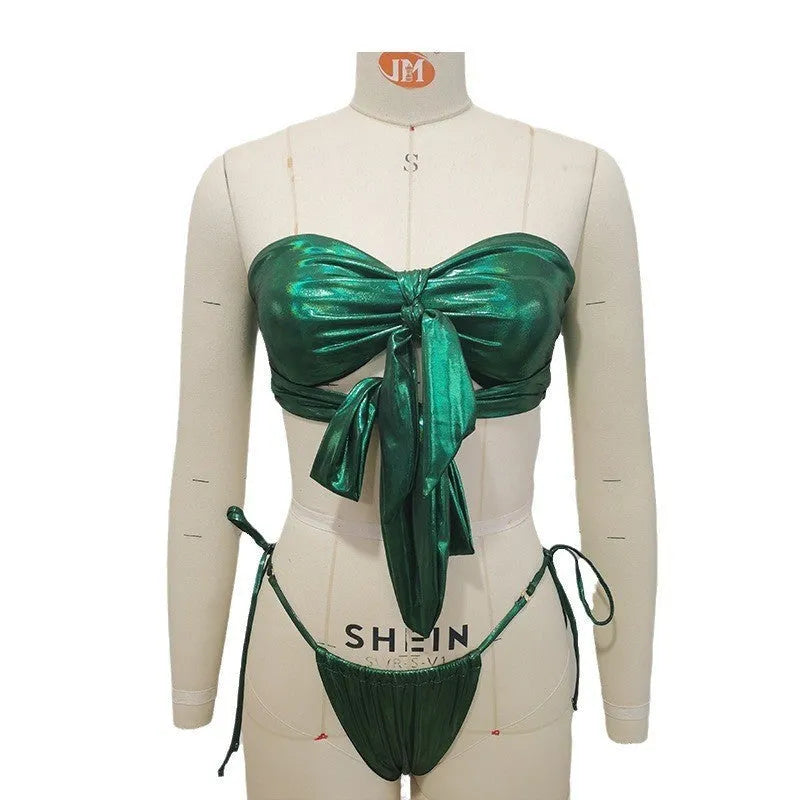 Women's wireless swimsuit with lace-up front and split leg design in polyester fabric