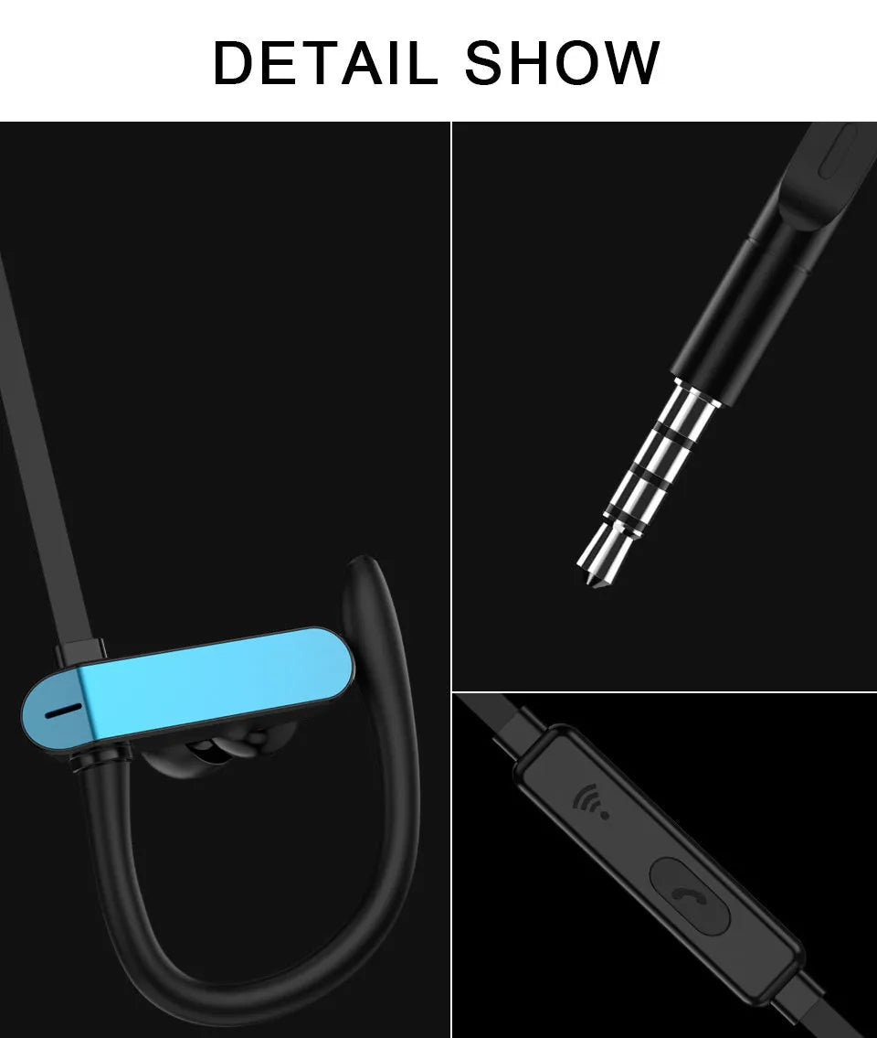 Sport earphones with ear hook design in black blue colour option for secure fit during exercise