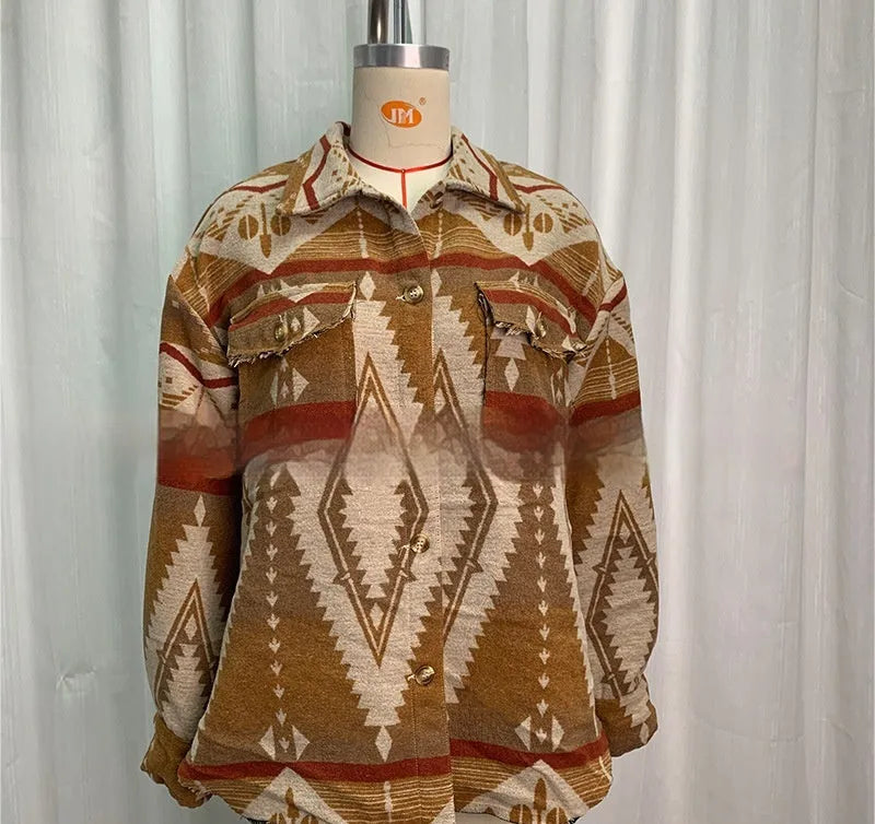 Women's loose-fit aztec print retro coat in army green, made from wool blend fabric.