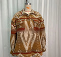 Women's loose-fit aztec print retro coat in army green, made from wool blend fabric.