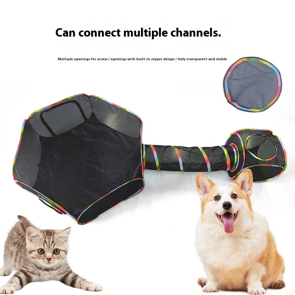 Foldable mesh cat roll cage showing hexagonal, tent and tee shape options for feline play