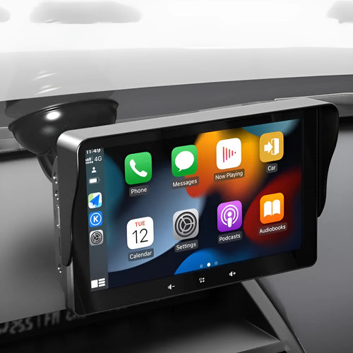 7-inch wireless CarPlay display with suction cup mount and cigarette lighter connector for vehicle installation
