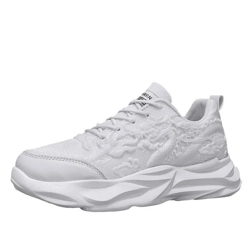 Chinese Loong breathable fly knit sneakers with dragon pattern and rubber sole in gold, white, or black colours