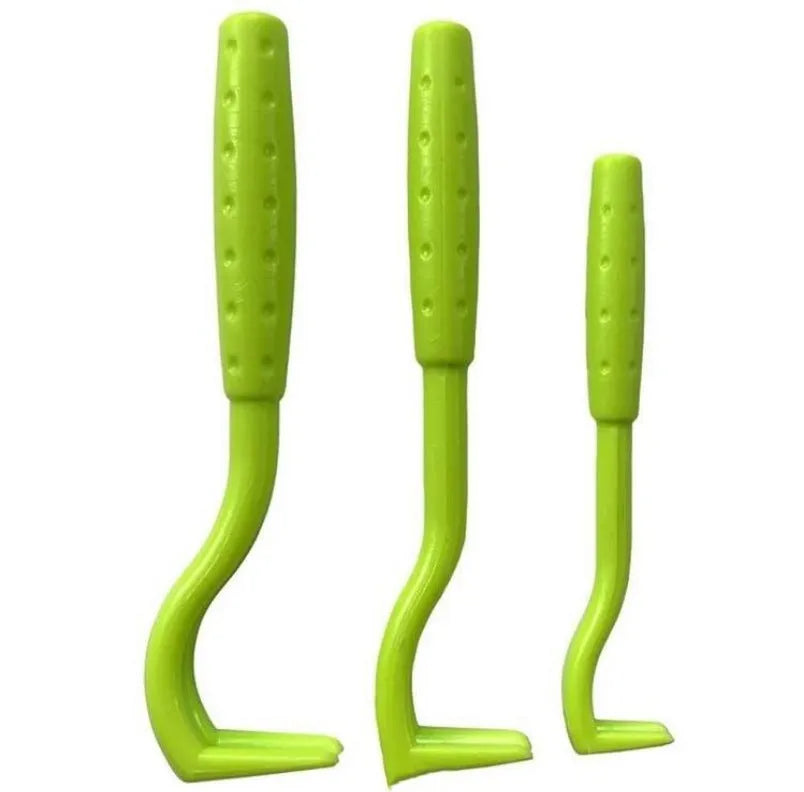 Three plastic tick removal hooks for pets in blue or green colours with alcohol application instructions
