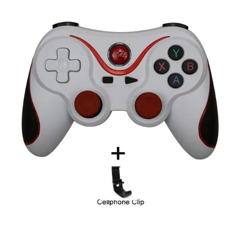 Black X3 Bluetooth wireless game controller with attached phone clip for Android smartphones