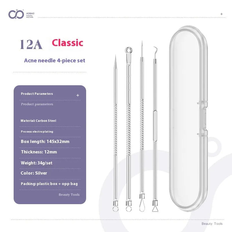 Four metal acne needles with ultra-fine pointed tips on a clean background.