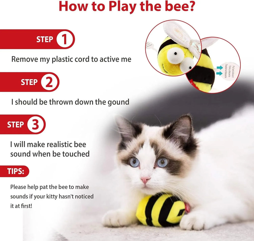 Yellow bee-shaped interactive cat toy with motion-activated squeaking function