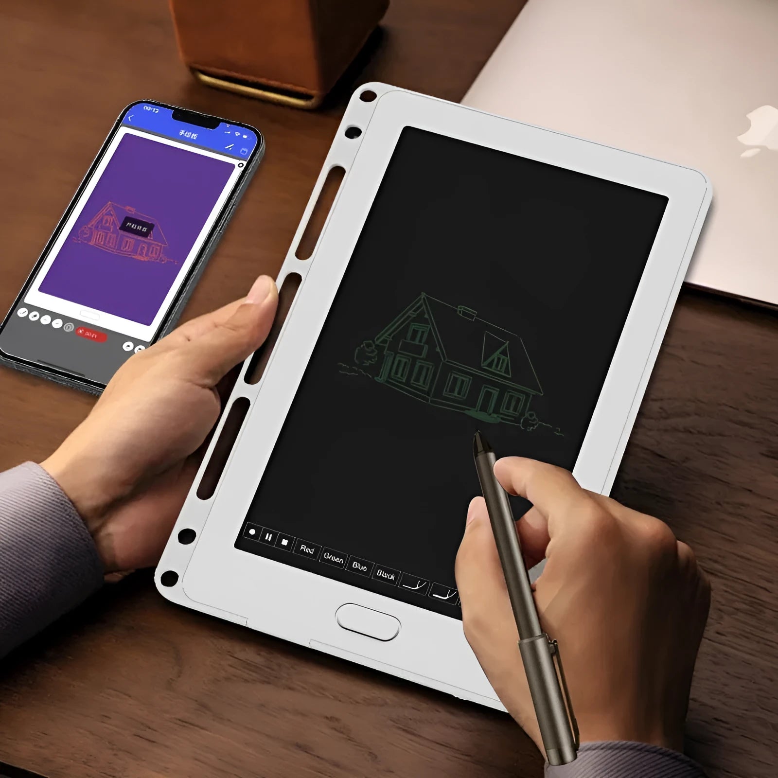 85-inch Master Software electronic writing pad with stitching appearance in choice of colours, shown with smart pen.