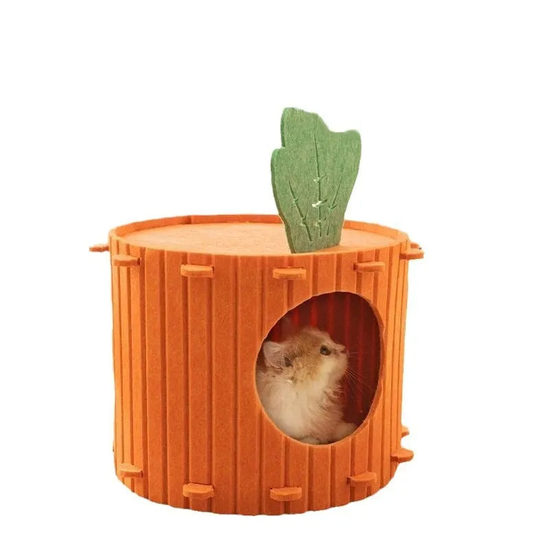 Beige felt cat tunnel nest with a semi-enclosed design and round entry hole, shown next to a measuring tape indicating its size.