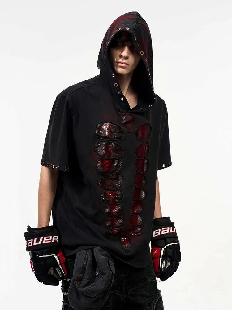 Black men's short sleeve t-shirt with hood and sequin detailing in loose fit style