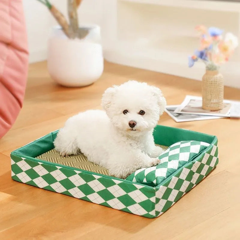 Blue summer rattan cat litter mat shown in a large size next to a cat bed.