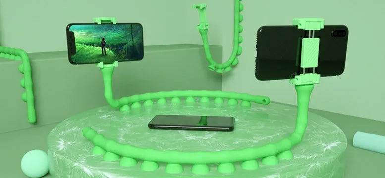 Flexible rubber phone bracket with suction cup base showing 62cm length and 360° rotation capability