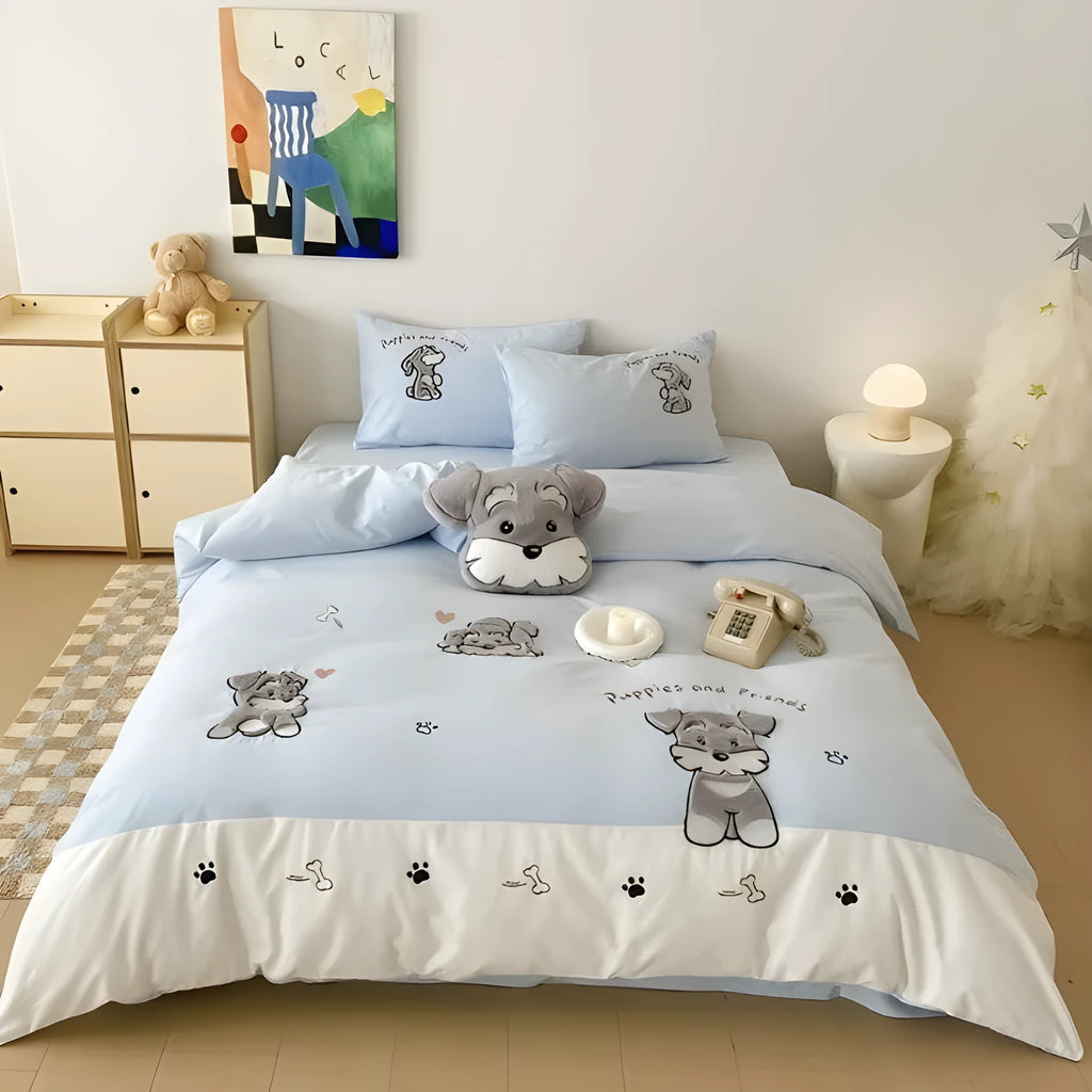 Cartoon Schnauzer children's bedding set with thickened cotton material and embroidery details