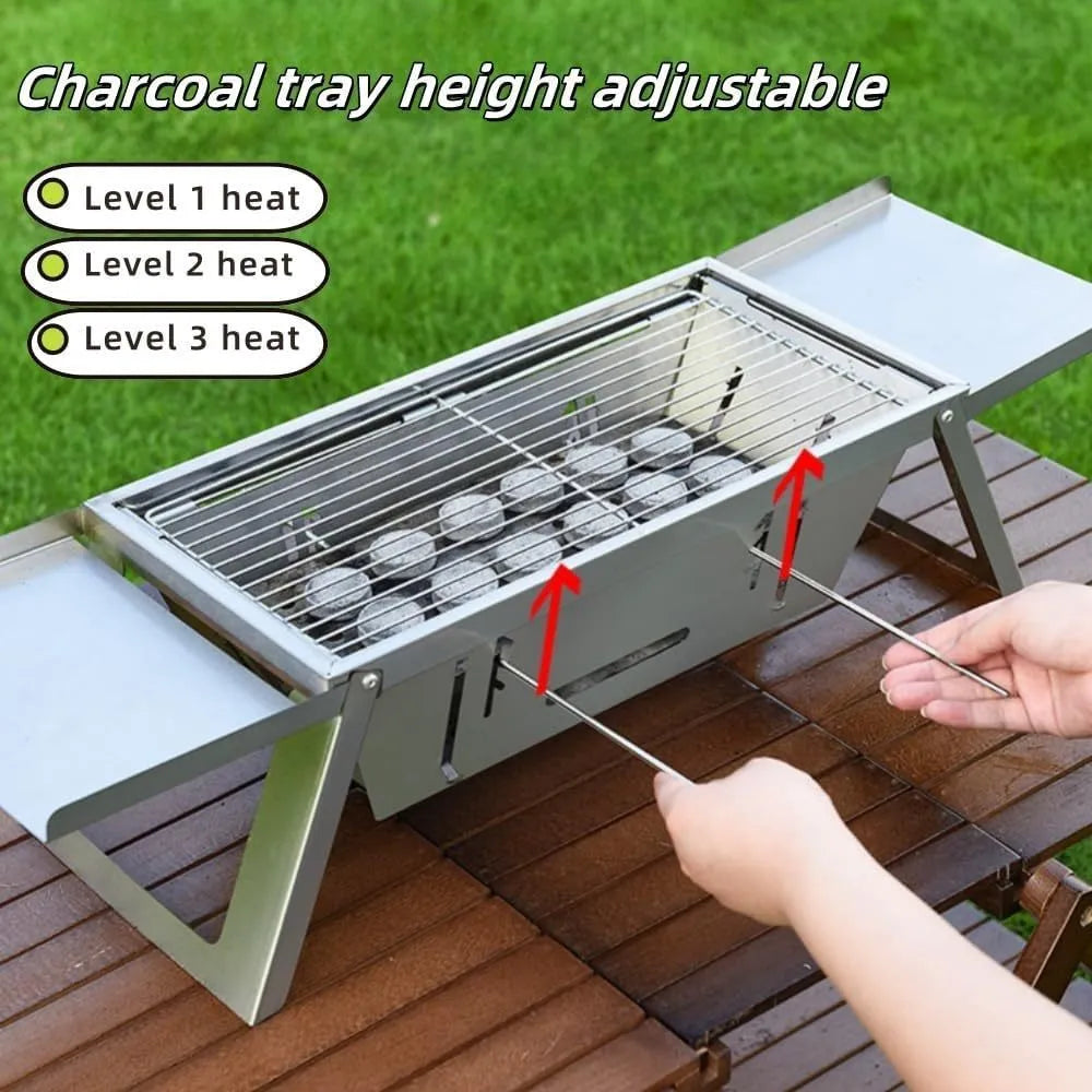 Small foldable portable charcoal grill for outdoor barbecues, shown in both open and closed positions.