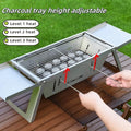 Small foldable portable charcoal grill for outdoor barbecues, shown in both open and closed positions.