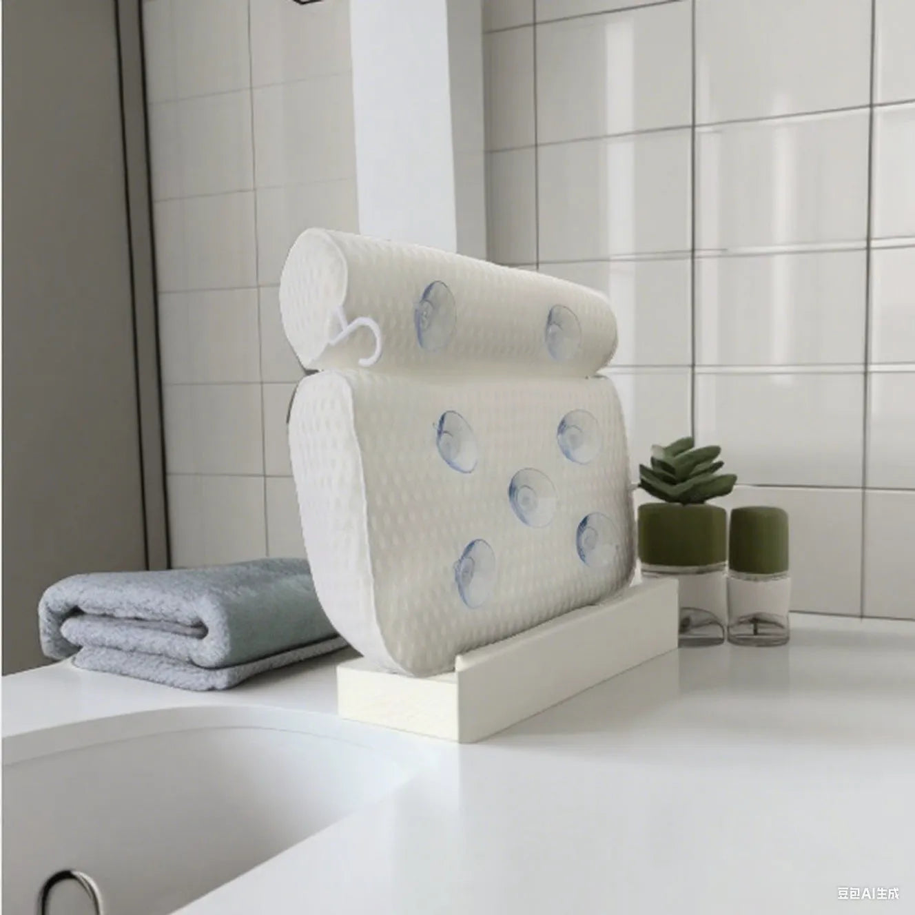 White bathtub pillow with 7 suction cups and breathable 4D mesh material