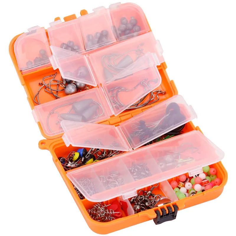 Orange ABS plastic box open to show compartments filled with fishing hooks and lure accessories.