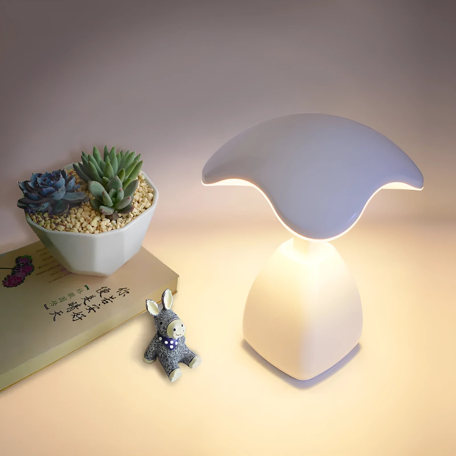 White modern LED bedside lamp with touch control and plastic shade