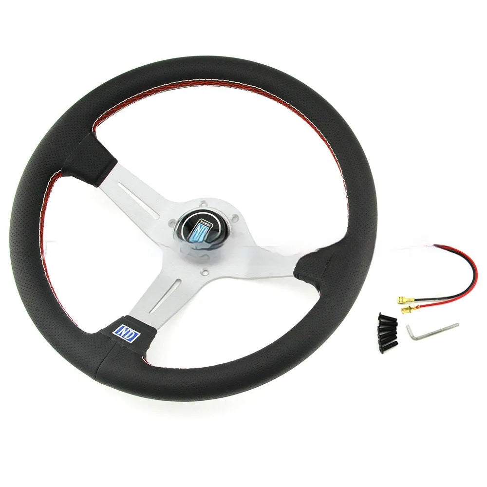 14-inch leather steering wheel with concave rim and black metal skeleton frame