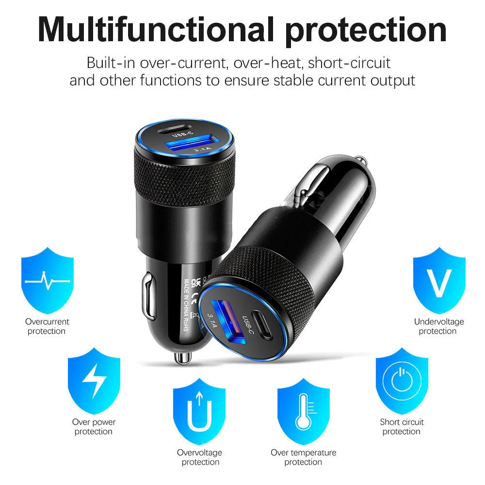Aluminium alloy mobile phone car charger showing compact design and vehicle power connection