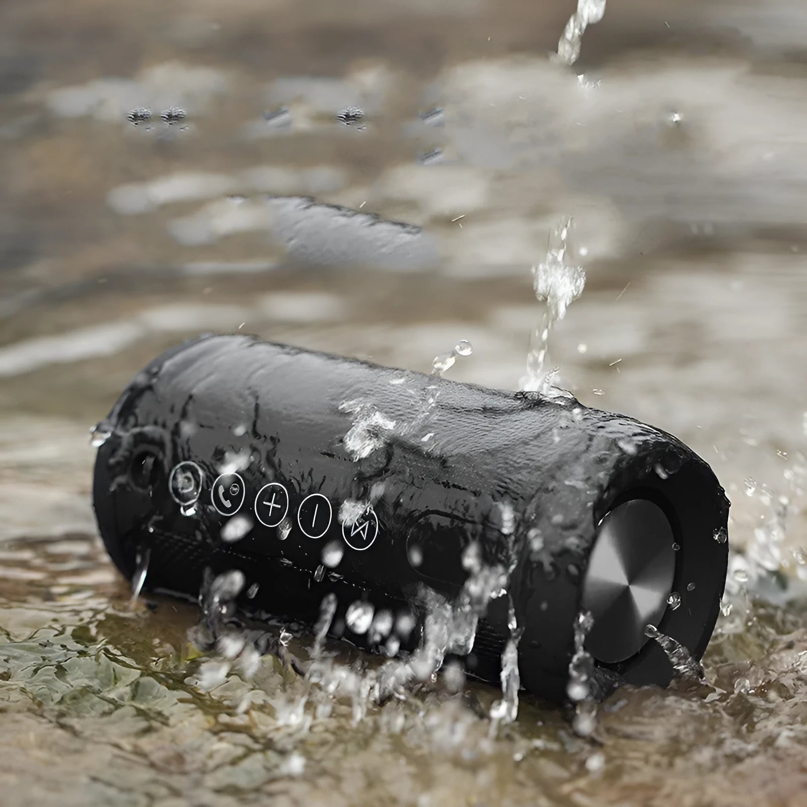 Waterproof outdoor Bluetooth speaker in red colour with control buttons and ports visible.